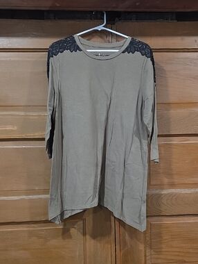 Olive Green Long Sleeve Tee with Black Lace Shoulder Detail